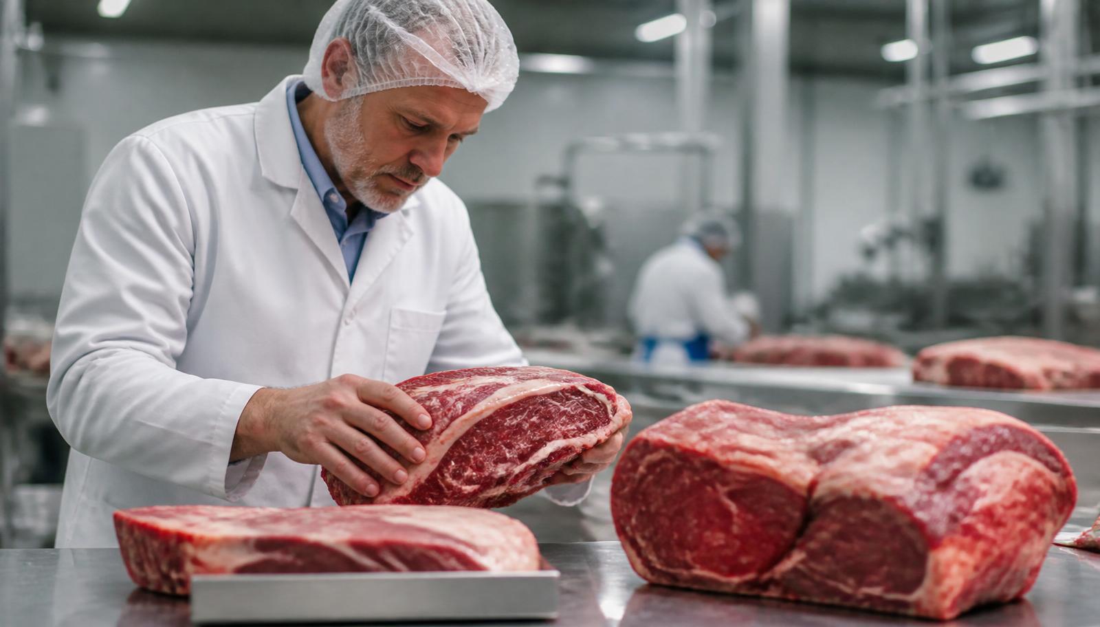 Butcher inspecting fresh beef cuts in a clean meat processing facility