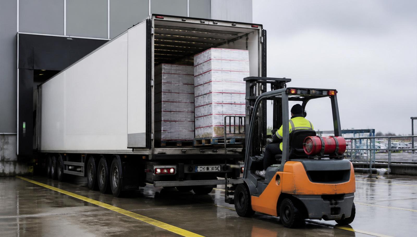Refrigerated lorry being loaded with pallets at a UK cold storage warehouse dock