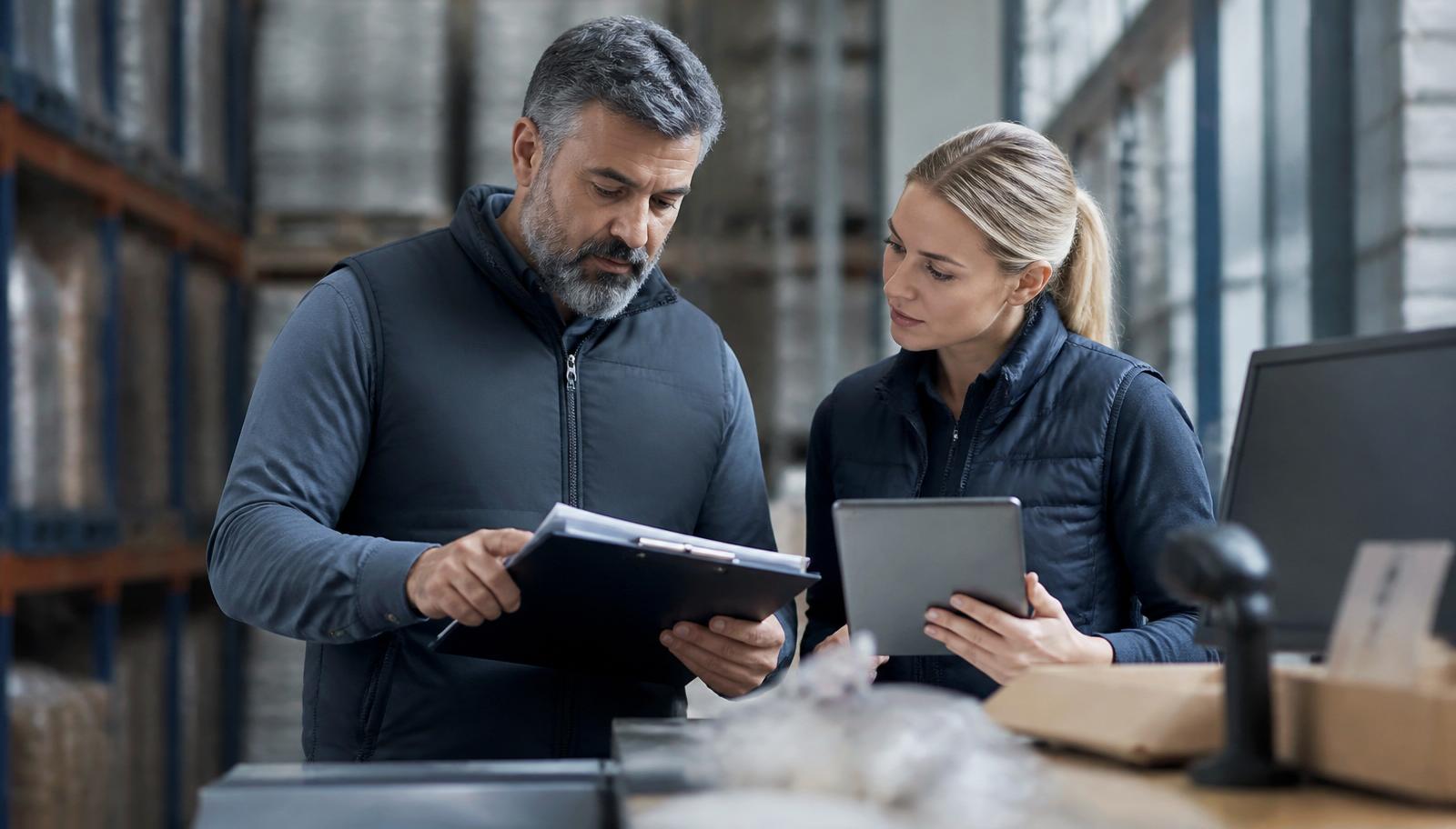 Two food industry professionals reviewing supply documentation inside a warehouse
